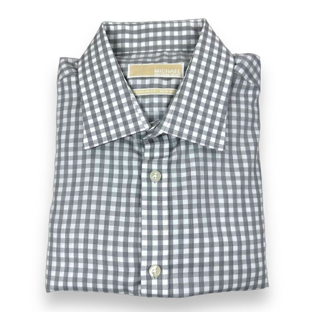 MICHAEL Kors Dress Shirt Mens 16.5‎ 34/35 Gray Gingham Long Sleeve Button Down